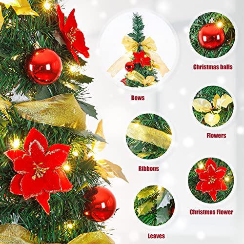 Decoway Pre Lit Pre Decorated Christmas Tree Pop Up Christmas Tree and Warm White LED Lights,Holiday Party Decorations,Red Gold (Yellow, 6 FT)