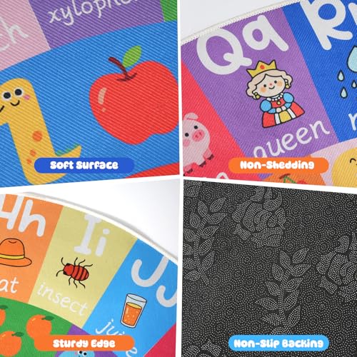 ABC Round Kids Rug for Playroom, 4ft Educational Kids Rug with Number Shape Animal Season, Non-Slip Alphabet Small Classroom Rugs, Learning Area Rugs Washable for Classroom Playroom Nursery Bedroom