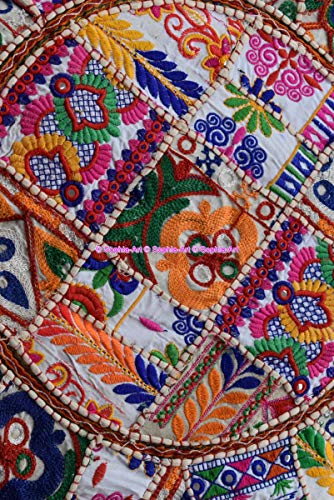 Sophia-Art Indian Embroidered Patchwork Cover Indian Decorative Pouf Indian Comfortable Floor Cotton Cushion Ottoman Pouf,Indian Designs Ethnic Patchwork Pouf (White Rajkoti, 14"x22")