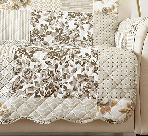 Great Bay Home Reversible Patchwork Loveseat Cover - Washable Slipcover Furniture Protector with Elastic Straps - Perfect for Kids & Pets - Box-Stitched Detail (Taupe)