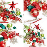 ROSELEAF 132pcs Christmas Tree Decoration Set - Red, Green & Gold Shatterproof Hanging Ornaments - Folk Art Style - Christmas, Wedding, Anniversary