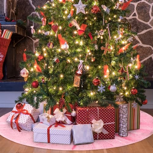 Skylety 48 Inch Valentine's Day Tree Skirt Ruffle Tulle Sequin Round Glitter Double Layers Skirt for New Year Wedding Anniversary Birthday Party Indoor Decoration (Pink)