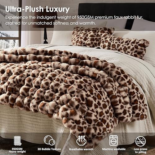 WDCOZY Cheetah Leopard Print Bubble Throw Blanket, Luxury Faux Rabbit Fur Mink Plush Throw for Couch, Sofa and Bed, Soft Fluffy Fuzzy Cozy Blanket for Women, 50x60 inches, Chocolate Brown, 950 GSM
