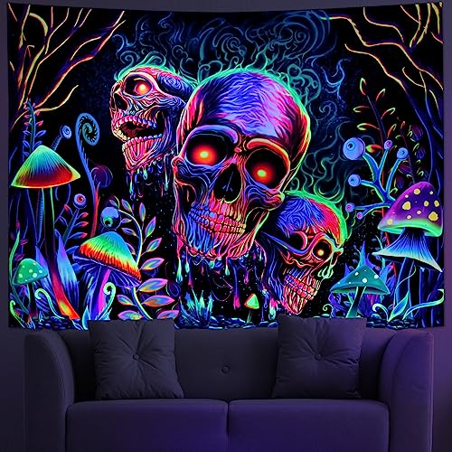 Amonercvita Blacklight Skull Tapestry Trippy Skeleton Wall Tapestries UV Reactive Neon Plants Trees Tapestries Aesthetic Galaxy Space Tapestry Wall Hanging for Bedroom Decor(W51.2×H59.1 inches)