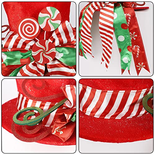 yofit Christmas Tree Topper Hat, Large Red Hat with Striped Bow Ribbon & Lollipop, Christmas Tree Decorations Top Hat, Desktop Ornaments for Home Xmas Holiday Winter Decor