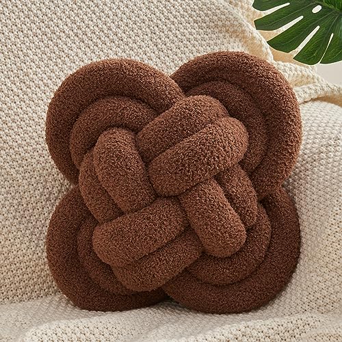 Knot Pillow, 12" Soft Decorative Throw Pillows for Couch Bed, Gray Pink Knotted Plush Throw Pillow Handmade Square Cushion Home Decor Pillows (Dark Brown, 12 Inches X12 Inches)