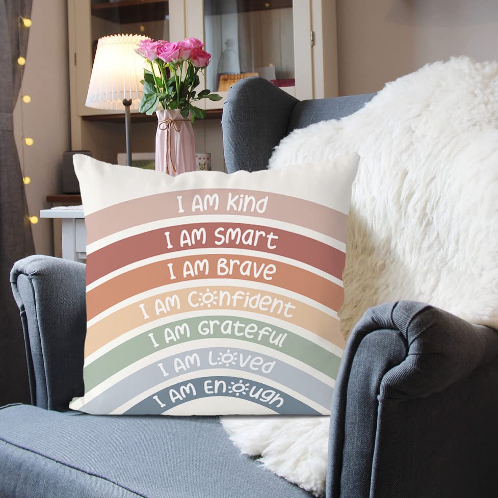 QIYUHOY Kids Classroom Reading Corner Rainbow Throw Pillow Covers 18x18, Positive Affirmations Pillow Case Decor for Calming Corner Cozy Corner Nursery Toddler Room Playroom
