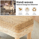 Ottoman Foot Stool Rectangular Footrest Natural Seagrass Footstool with Wooden Legs Hand Weave Multifunctional Modern Dressing Stool, Sofa Side Table for Bedroom for Living Room (White)
