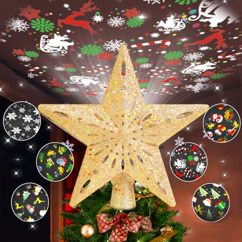 Winpull Christmas Tree Topper Lighted with 6 Pattern Projection Modes, Christmas Star Tree Topper Built-in LED Rotating Lights, Gold 3D Glitter Dynamic Projector for Christmas Decorations