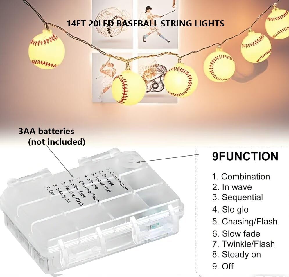 Baseball String Lights 20 LED 14FT Baseball Decor Battery Powered Indoor/Outdoor for Boys Room Ball Sport Theme Party Decorative,Birthday,Football Lovers Gift