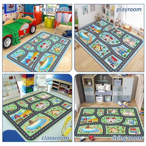 Kids Rug Car Rugs 31''x47'' Playmat Carpet for Play Toy Cars for Playroom Classroom Kids Room, Non-Slip Road Traffic Floor Rug Mats, Washable Children's Town Road Play Rug.