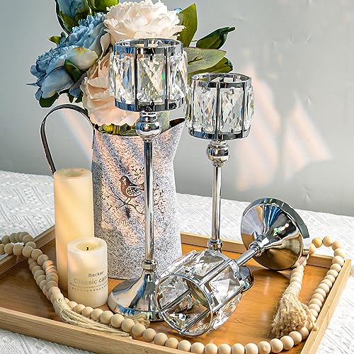Set of 3 Cup Crystal Tealight Candle Holders, Centerpieces for Table Wedding Centerpieces Crystal Decorative Tealight Candle Dining Table Candle Holder Decor for Party (8.7"+10.6"+12.2", Silver)