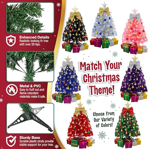 Small Christmas Tree with Lights - 23 Inch Mini Tabletop Christmas Tree with Warm-White LED Lights, Hanging Ornaments, Decorative Bow and Gift Boxes - Prelit Table Tree for DIY Christmas Decoration