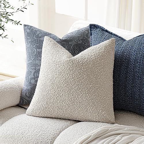 Foindtower Pack of 2, 20 x 20 Inch, Decorative Textured Boucle Throw Pillow Covers Accent Solid Pillow Cases Cozy Soft Couch Cushion Case for Chair Sofa Bedroom Living Room Home Decor, Beige