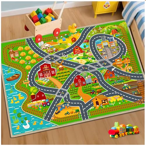 Car Road Rug for Kids Room Farm Play Mat Rugs for Kids Toy and Cars, Educational Area Kid Carpet for Bedroom Playroom Nursery, Non-Slip Activity Floor Playmat Road Traffic Track Carpet 31"x37"