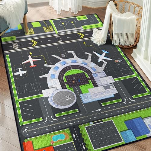 Play Rug for Kids Playroom, 2x3 Airport Carpet with City Road Traffic System and Aircraft Runway, Airport Playmat Airplane Rugs Non-Slip Washable Area Mat for Boys Bedroom