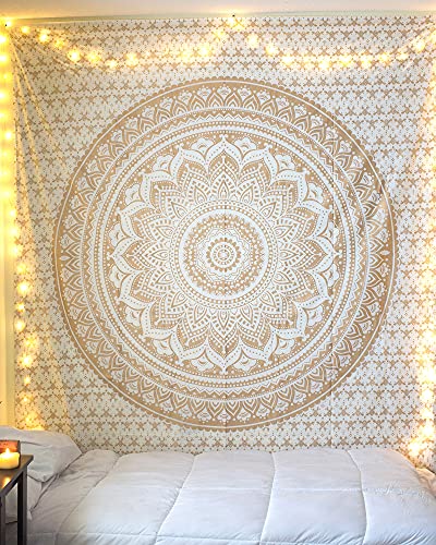 raajsee Top Selling Original Gold Mandala Ombre Tapestry Wall Hanging, Boho Bohemian Hippie Tapestries/Indian Cotton Dorm Decor Golden Twin Bedspread/Meditation Yoga Mat Rug 52x60 inches