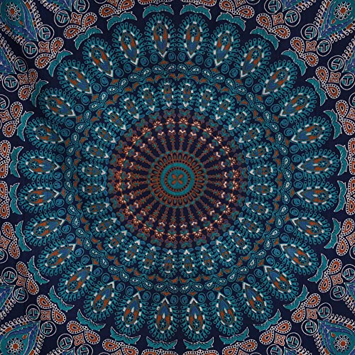 Bless International Handmade Indian hippie Bohemian Psychedelic Peacock Mandala Wall hanging College Dorm Beach Throws Table Cloth Bedding Tapestry (Blue Green, Medium(54x60Inches)(137x152cms))