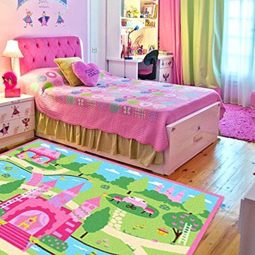 HUAHOO Pink Girls Bedroom Rugs Cartoon Castle Kids Rug Bedroom Floor Rugs Nylon Cartoon Kids Living Room Carpet (100cm*133cm(39''*52''))