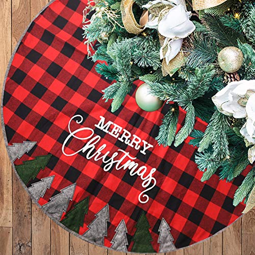 Juegoal 48 Inch Christmas Tree Skirt, Soft Red and Black Plaid Christmas Tree Mat for Xmas Party Decoration, Christmas Tree Holiday Decor