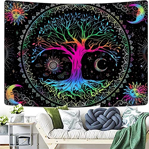 Kanuyee Tree of Life Wall Tapestry - Yin and Yang Sun Moon Star Galaxy Mandala - Black Aesthetic for Room Decor (35''H 47''W)