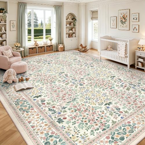 10x14 Large Area Rugs, Machine Washable Low Pile Floral Rugs for Living Room, Bedroom, Boho Style with Non-Slip Backing Nursery Rug(Pink Floral)