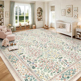 10x14 Large Area Rugs, Machine Washable Low Pile Floral Rugs for Living Room, Bedroom, Boho Style with Non-Slip Backing Nursery Rug(Pink Floral)