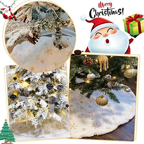 Christmas Tree Skirt 48 Inch Gold Snowflakes White Faux Fur Tree Skirts Fluffy Plush Tree Mat for Artificial Tree Decorations Indoor
