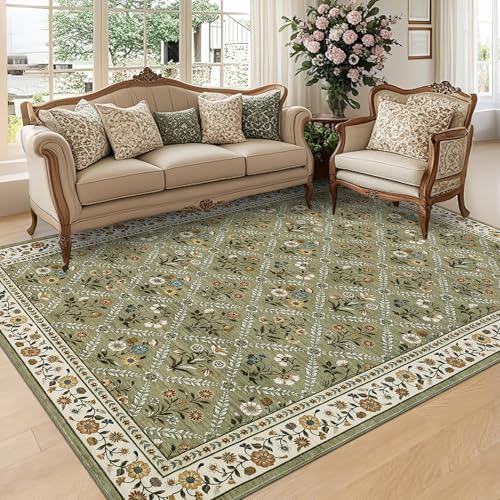 GarveeHome 8x10 Washable Large Living Room Rug Vintage Floral Carpet Green