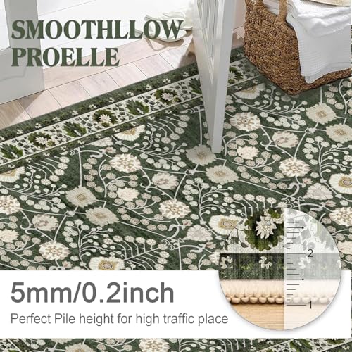 3x5 Rug Machine Washable Rugs：Boho Area Rugs Floral Rug for Living Room,TPR 3x5 Non Slip Dark Green Rugs for Under Table Carpet for Laundry Room Kids Room Dining Room