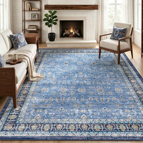 Blue Farmhouse Area Rugs 8x10, Washable Upgraded Non-Slip Living Room Rug, Vintage Distressed Floral Print Pattern Low Pile Carpet for Bedroom, Dining Room, Home Office, Kitchen, Blue Multi