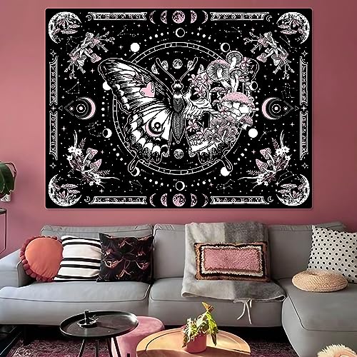 Fungarth Skeleton Butterfly Tapestry Pink Skull Hippie Mushroom Plants Tapestry for Bedroom Moon phase Aesthetic Tapestries Wall Hanging for Living Room Dorm (Pink, 48” x 36”)