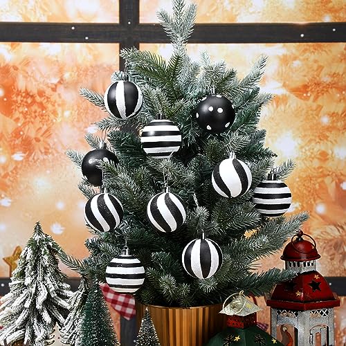 Riceshoot 24 Pcs Christmas Black and White Ball Ornaments Xmas Plastic Stripe Dot Hanging Ball for Christmas Tree Party Decoration Supplies(2.36 Inch)