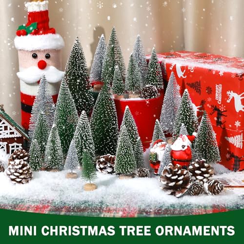 Set of 35PCS Mini Christmas Tree, Christmas Pine Cones, 2oz Fake Snow Powder, Mixed Christmas Decoration, Xmas Village Displays Winter DIY Crafts (Classic Green)