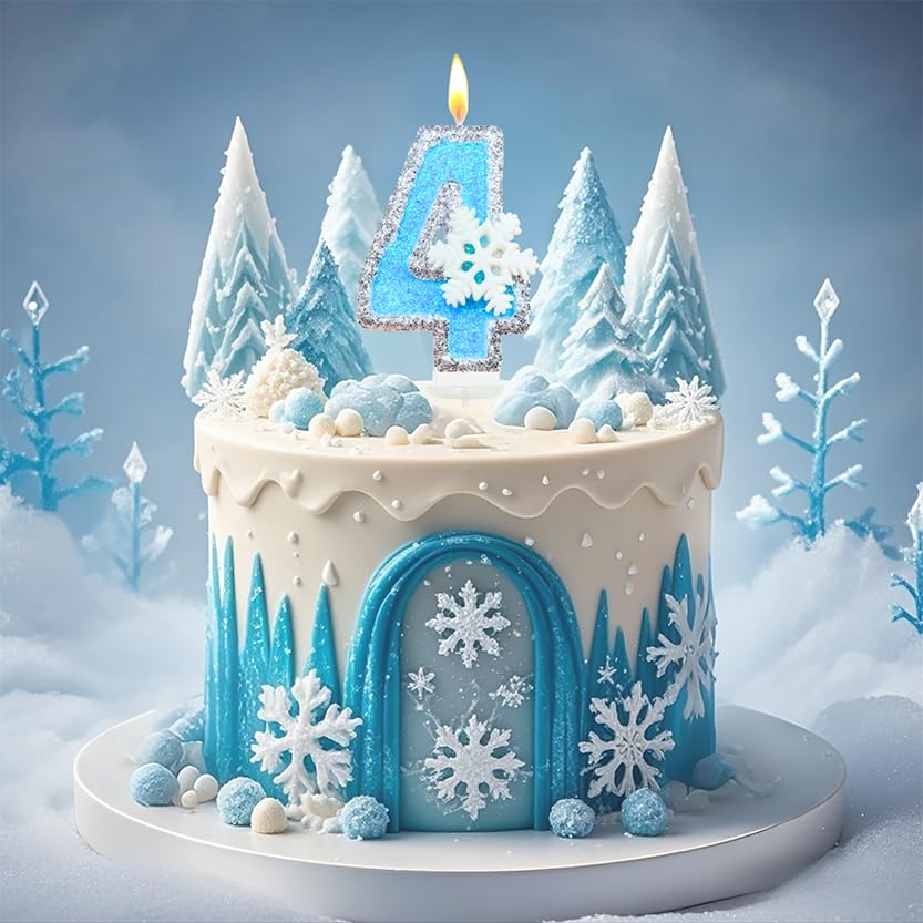 Birthday Number Candles for Cake, Blue Frozen Number 3 Candle, 3rd Frozen Cake Topper, Fun Glitter Birthday Candles Cupcake Topper for Party Anniversary Decorations