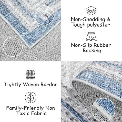 Bordered Design Hallway Runner Rug, Ultra Thin 2.5x10, Blue Printed Kitchen Rug with Rubber Backing for Bathroom, Bedroom, Stairway