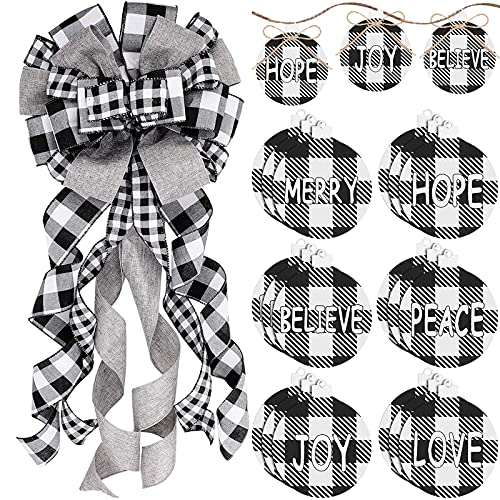 Christmas Bow Tree Topper Large Christmas Tree Topper Buffalo Decorative Bow with 24 Buffalo Wish Tree Ornament for Christmas Tree Decoration(Black and White)