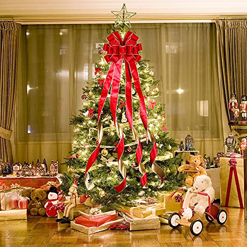 Lulu Home Christmas Tree Topper, 48" x 13" Red Large Velvet Bow with Long Streamers, Wired Edge Decorative Bow for Wreath Door Holiday Party Festival Xmas Decoration Supplies