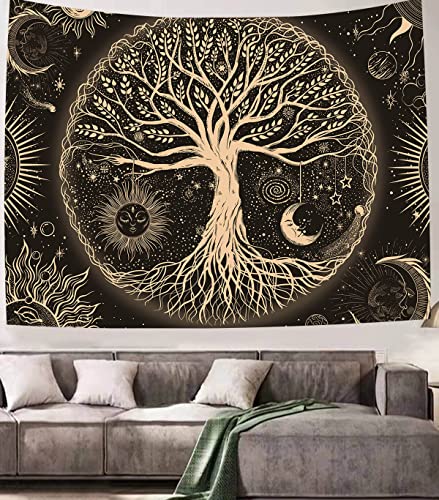 FORATER Tree of Life Tapestry Wall Hanging Sun Moon Stars Tapestries Aesthetic Galaxy Wall Tapestry Nature Home Decoration for Living Room Bedroom(53 x 61 Inch, Black and Gold)