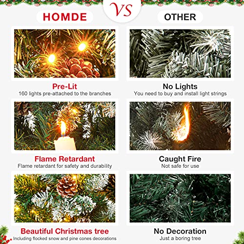 Homde Pencil Christmas Tree 6 Foot Pre-Lit Artificial Christmas Tree with Flocked Snow Pine Cone 160 Warm White Lights Holiday Decor