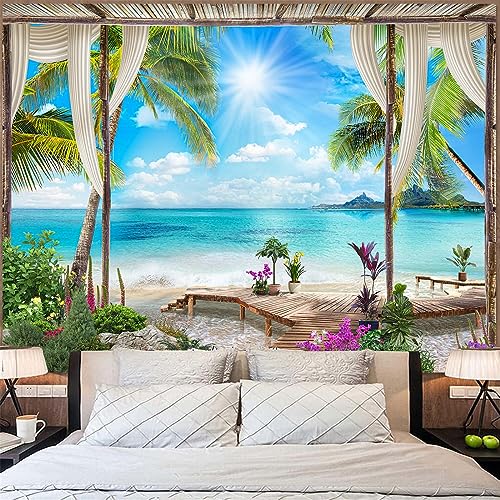 Leeisysme Beach Landscape Tapestry, Tropic Ocean Sea Island Palm Tree Seaside Tapestries for Living Room Summer Window Wall Hanging 36×48 Inch
