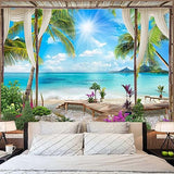 Leeisysme Beach Landscape Tapestry, Tropic Ocean Sea Island Palm Tree Seaside Tapestries for Living Room Summer Window Wall Hanging 36×48 Inch