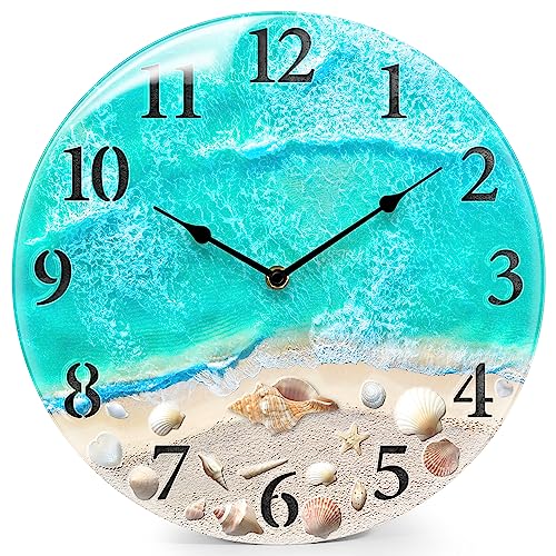 Coastal Nautical Glass Wall Clock with Seashell Design and Aesthetic Beach Theme - Battery Operated Silent Wall Decor for Home, Kitchen, Living Room, Office, Bedroom, or Bathroom (14 Inch,Teal)