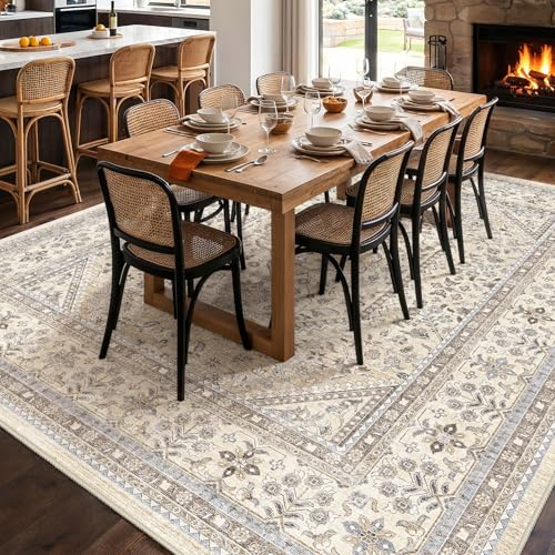 11x11 Square Washable Area Rug - Non-Slip Living Room Rugs Beige Gray
