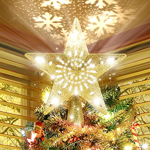 Christmas Tree Topper Star Lighted with Rotating Snowflake LED Projector, Gold Star 3D Glittered Christmas Xmas Tree Decorations Projector Angle Adjustable