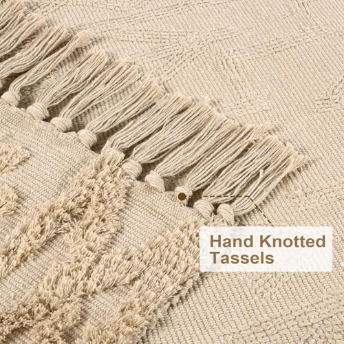 Uphome Boho Hallway Runner Rug 2' x 6', Khaki Cotton Washable Bathroom Rug Runner with Tassels, Hand Woven Tribal Kitchen Runners, Morrocan Accent Throw Carpet for Laundry Porch Bedroom Living Room