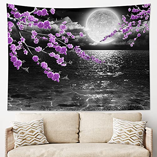 LB Small Full Moon Over Ocean Tapestry Wall Hanging, Purple Japanese Cherry Blossom Wall Tapestry, Fantasy Asian Scenery Wall Art for Bedroom Living Room Dorm Home Decor, 60 x 40 Inches