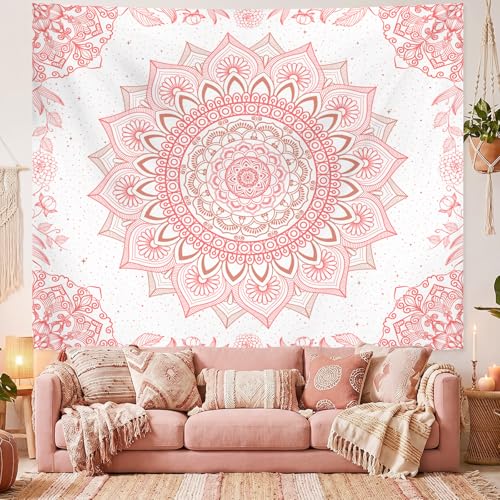 Apdidl Pink Boho Wall Tapestry for Bedroom, Mandala Hippie Cute Floral Tapestries Teen Girl Room Decor, Bohemian Pink and White Poster Wall Hanging Art Aesthetic for Living Room Dorm 51"X60"