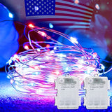 Yayfazy 4th of July Decorations Outdoor/Indoor Timer Fairy String Lights,2PACK Each 100Led Copper Red/White/Blue IP67 Waterproof Battery Operated Patriotic Lights for Memorial Day,Independence Day