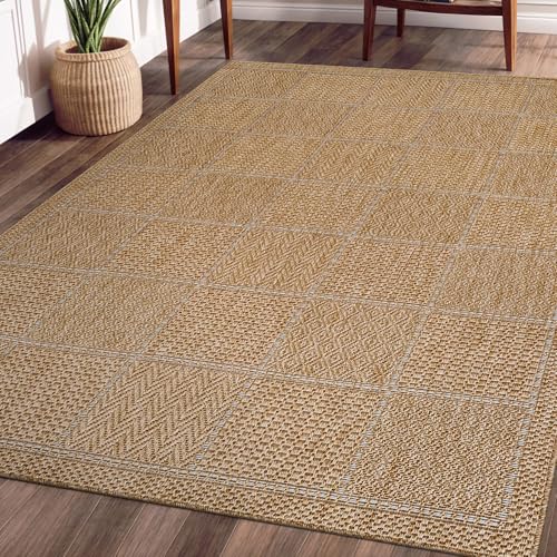 Beverly Rug Easy Jute Checkered Squared Rug 8x10 Washable Durable Indoor Outdoor Area Rugs for Living Dining Room Patio Office Stain Resistant Non Shedding Casual Indoor Outside Carpet 8 x 10 Natural